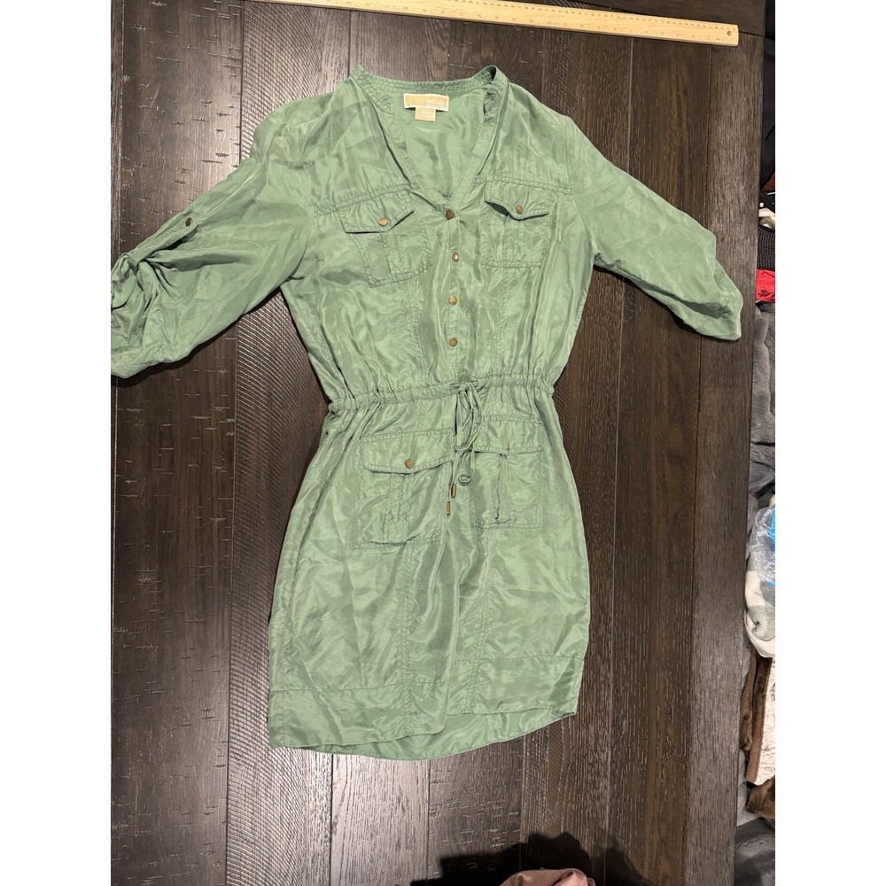 MICHAEL Michael Kors Ruched Silk Shirtdress Green Size S